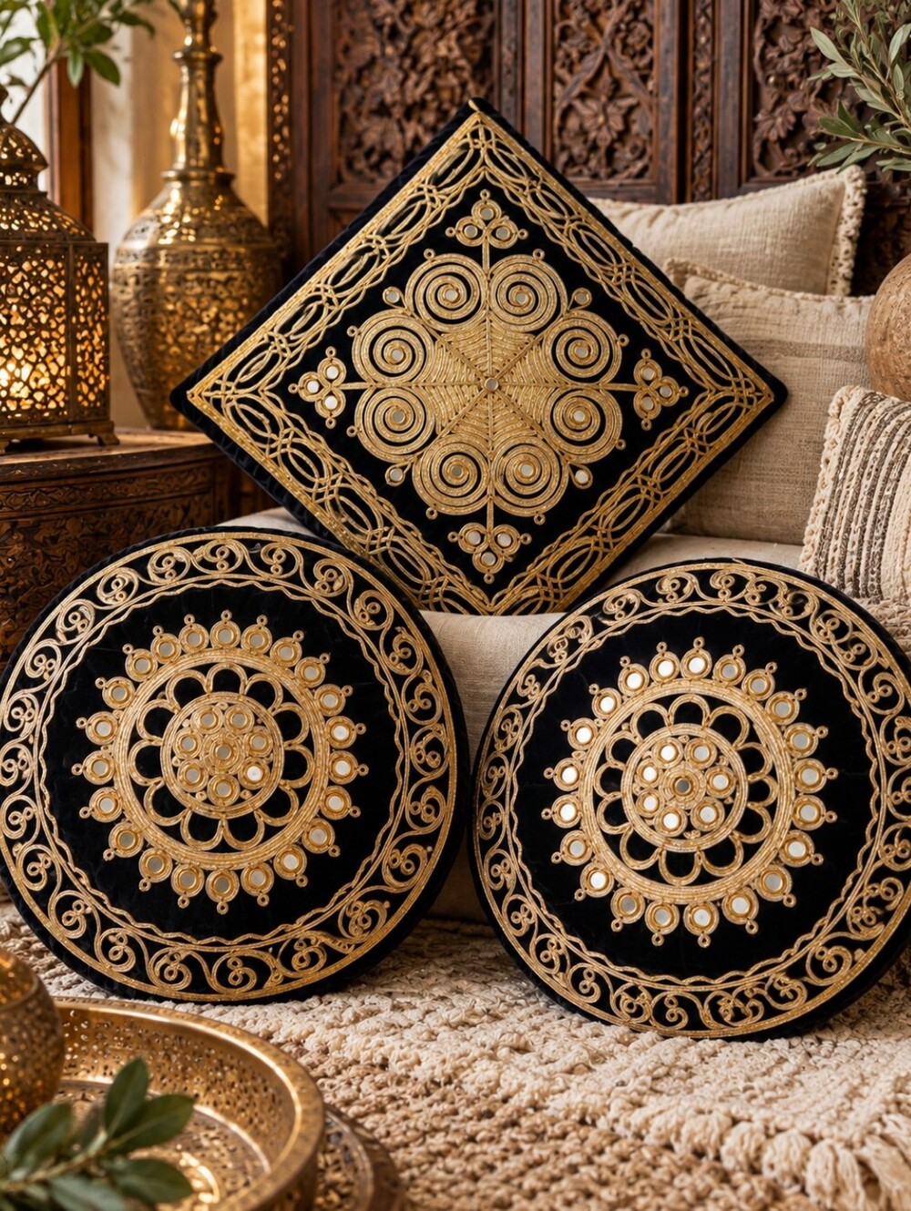 Vintage Velvet Embroidered Pillow Covers Gold Zardozi Mirror Accent Set of 3